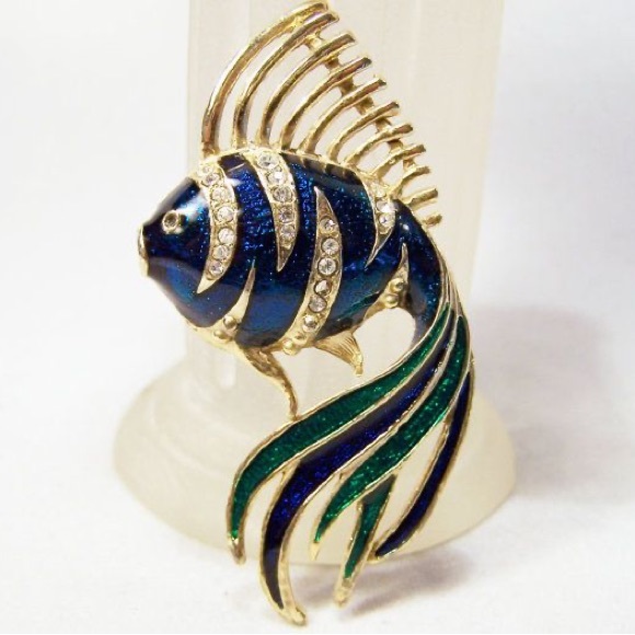 Elegant Vintage Blue & Green ENAMEL and Clear Rhinestones BROOCH Pin - Picture 2 of 10